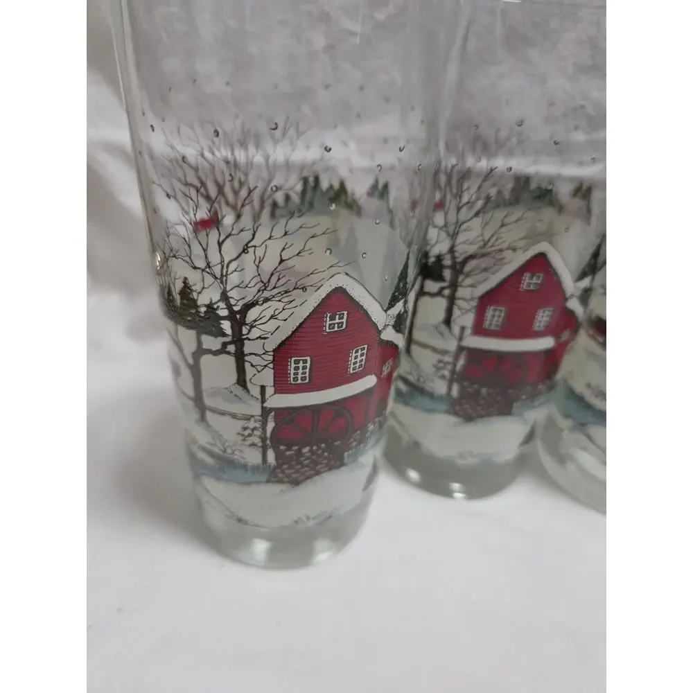 4 Vintage Libbey Christmas Winter Scene Horse Sleigh 16 oz. Glasses